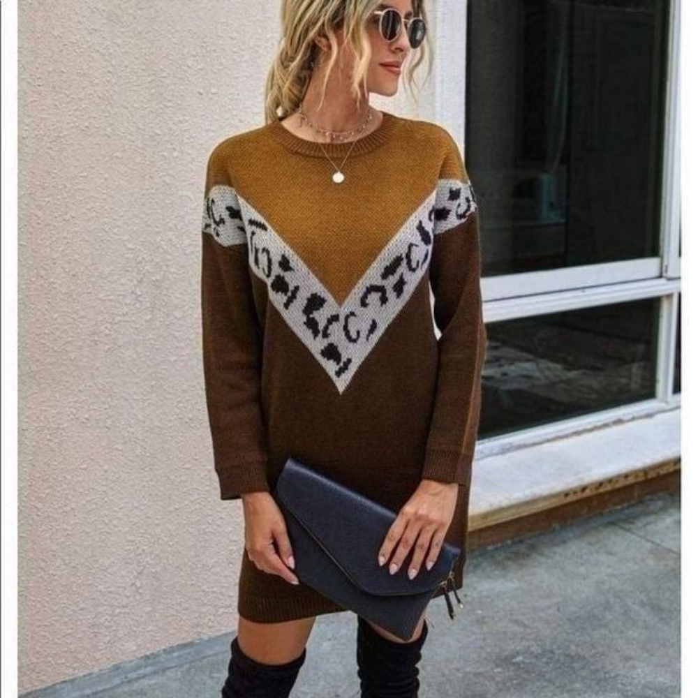 Cupshe Leopard Print Colorblock Mini Sweater Dress - Picture 3 of 11
